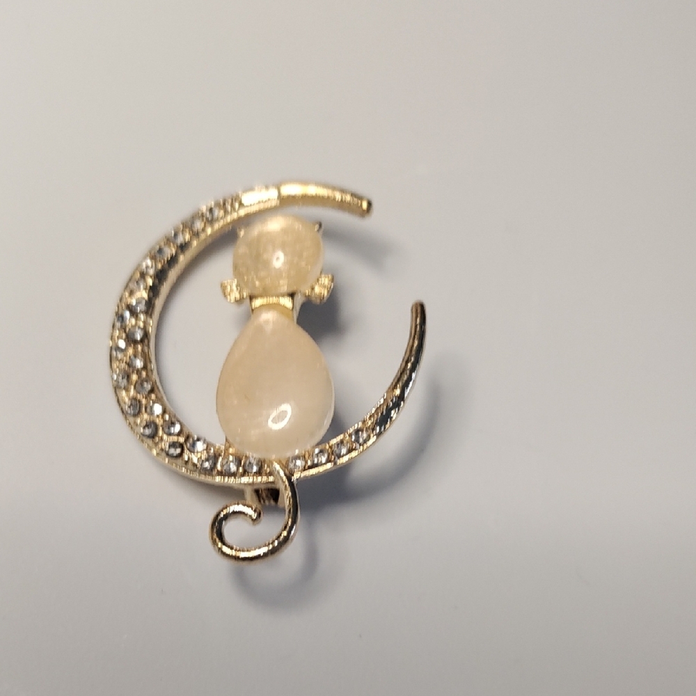 Gold-Tone Cat Crescent Moon Brooch with Acrylic Head & Body